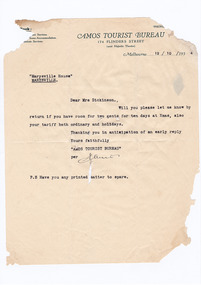 A digital copy of a typed letter requesting the availability of accommodation at Marysville House over Christmas in 1934. Marysville House was built in the late 1920s by Arthur Dickinson.