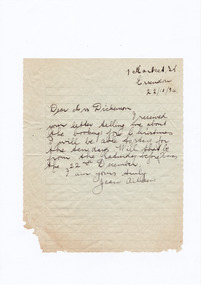 A digital copy of a hand written letter confirming dates for accommodation at Marysville House over Christmas in 1934. Marysville House was built in the late 1920s by Arthur Dickinson.