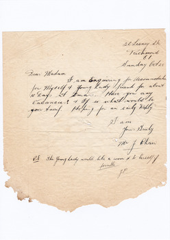 A digital copy of a hand written letter enquiring on the availability of accommodation at Marysville House during Christmas in 1934. Marysville House was built in the late 1920s by Arthur Dickinson.