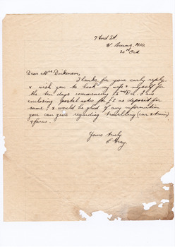 A digital copy of a hand written letter enclosing postal notes as a deposit for accommodation at Marysville House over the Christmas period in 1934. Marysville House was built in the late 1920s by Arthur Dickinson.