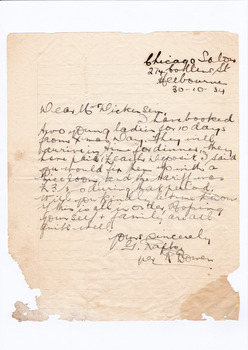 A digital copy of a hand written letter requesting the availability of accommodation at Marysville House for five young ladies for 10 days from Christmas Day in 1934. Marysville House was built in the late 1920s by Arthur Dickinson.