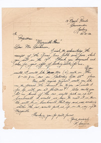 A digital copy of a hand written letter thanking Mrs Dickinson for providing information regarding transportation to Marysville and requesting that transport be booked. The letter also asks if Mrs Dickinson would prefer to be paid the tariff for staying at Marysville House before the guests arrive or would it be permitted for them to pay it at the time of their stay. Marysville House was built in the late 1920s by Arthur Dickinson.