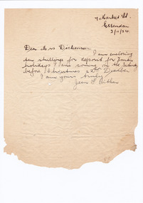 A digital copy of a hand written letter which encloses the deposit for accommodation at Marysville House as well as confirming the date of arrival of the guest. Marysville House was built in the late 1920s by Arthur Dickinson.