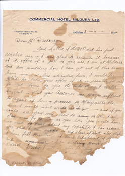 A digital copy of a hand written letter accepting the offer of a position as a cook at Marysville House. The writer also requests an advancement of wages to enable them to settle up at their current employer and travel to Marysville. Marysville House was built in the late 1920s by Arthur Dickinson.