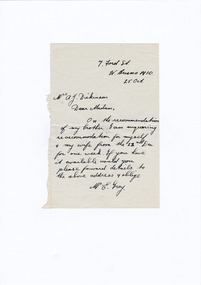 A digital copy of a hand written letter enquiring on the availability of accommodation at Marysville House during Christmas in 1934. Marysville House was built in the late 1920s by Arthur Dickinson.