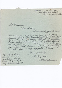 A digital copy of a hand written letter enclosing the deposit for accommodation at Marysville House and requesting if Marysville House has provision for the guests' private car. Marysville House was built in the late 1920s by Arthur Dickinson.