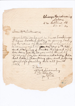 A digital copy of a handwritten letter requesting accommodation be booked for one young lady, a Miss Gange, from January 6th, 1935, for two weeks, at Marysville House. Marysville House was built in the late 1920s by Arthur Dickinson.