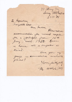 A digital copy of a hand written letter requesting the availability of accommodation at Marysville for a married couple. The letter also enquires the availability of garage accommodation. Marysville House was built in the late 1920s by Arthur Dickinson.