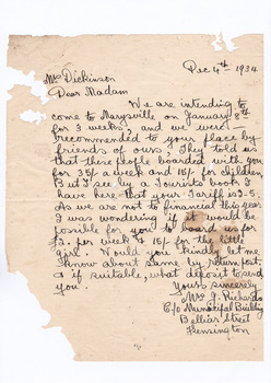 A digital copy of a hand written letter requesting the availability of accommodation at Marysville House for three weeks from January 8th, 1934. The writer has also requested the accommodation be priced at a discounted amount. Marysville House was built in the late 1920s by Arthur Dickinson.