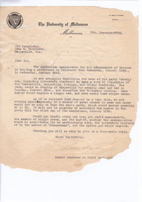 A digital copy of a typed letter from C.W.N. Sexton, Senior Lecturer in Civil Engineering at Melbourne University enquiring on the availability of accommodation at Marysville House for between 10 to 20 guests, during a conference to be held in the area in January, 1934. Marysville House was built in the late 1920s by Arthur Dickinson.