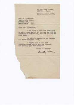 A digital copy of a typed letter confirming the date of arrival of a guest staying at Marysville House in December 1934. Marysville House was built in the late 1920s by Arthur Dickinson.