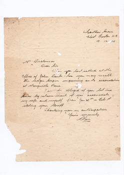 A digital copy of a hand written letter regarding the availability of accommodation at Marysville House in January 1935. Marysville House was built in the late 1920s by Arthur Dickinson.