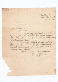 A digital copy of a hand written letter regarding the availability of accommodation at Marysville House in January 1935. Marysville House was built in the late 1920s by Arthur Dickinson.