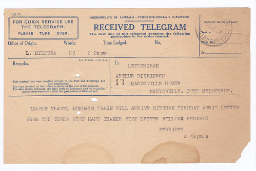 A digital copy of a telegram informing Arthur Dickinson of Marysville House that a guest's train journey will be delayed, and that they await correspondence from Arthur before proceeding. Marysville House was built in the late 1920s by Arthur Dickinson.