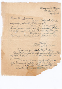 A digital copy of a hand written letter from Mrs Dickinson to Mr Couzens confirming the availability of seats in the service car, and that it will collect he and his wife from Canterbury for their journey to Marysville House. Marysville House was built in the late 1920s by Arthur Dickinson.