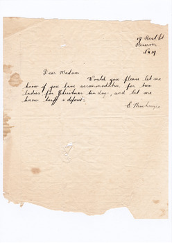 A digital copy of a hand written letter enquiring on the availability of accommodation at Marysville House. Marysville House was built in the late 1920s by Arthur Dickinson.