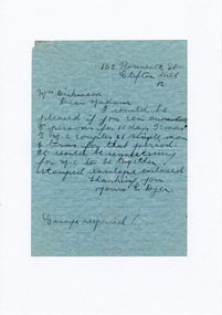 A digital copy of a hand written letter enquiring on the availability of accommodation for five people at Marysville House. Marysville House was built in the late 1920s by Arthur Dickinson.