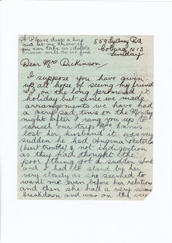 A digital copy of a hand written letter apologising for the cancellation of a visit and enquiring if another visit can be arranged at Marysville House. Marysville House was built in the late 1920s by Arthur Dickinson.