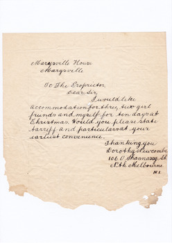 A digital copy of a hand written letter enquiring on the availability of accommodation at Marysville House during Christmas in 1934. Marysville House was built in the late 1920s by Arthur Dickinson.