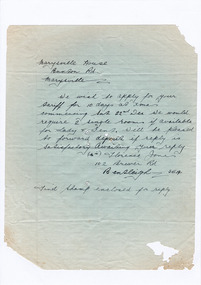 A digital copy of a hand written letter enquiring on the availability and tariff of accommodation at Marysville House. Marysville House was built in the late 1920s by Arthur Dickinson.