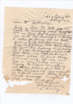 A digital copy of a hand written letter confirming the time of arrival of guests to Marysville House. Marysville House was built in the late 1920s by Arthur Dickinson.