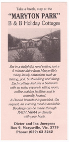 An information flyer regarding Maryton Park B & B Holiday Cottages and the Danish Coffee Garden near Marysville.