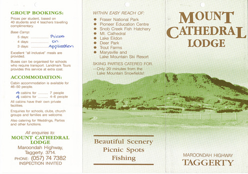 An information brochure regarding Mount Cathedral Lodge near Taggerty.