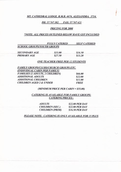 A price list regarding the various accommodation options at Mt Cathedral Lodge near Taggerty.