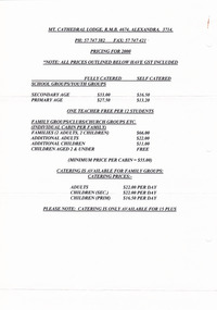 A price list regarding the various accommodation options at Mt Cathedral Lodge near Taggerty.