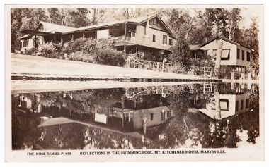 A black and white postcard of the pool at Mt. Kitchener House in Marysville that was produced by the Rose Stereograph Company as a souvenir of Marysville. On the reverse is a space to write a message and and address and to place a postage stamp. The postcard is unused.