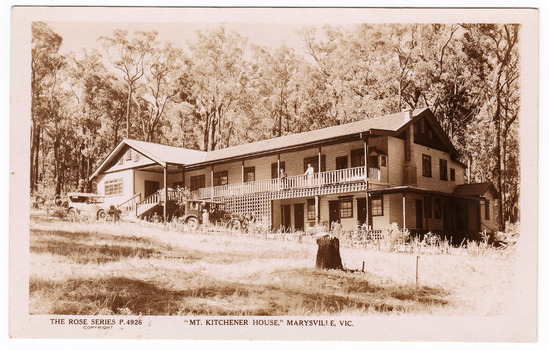 A sepia postcard of Mt. Kitchener House in Marysville that was produced by the Rose Stereograph Company as a souvenir of Marysville. On the reverse is a space to write a message and and address and to place a postage stamp. The postcard is unused.