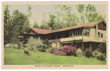 A colour postcard of Mount Kitchener House in Marysville that was produced by Nucolorvue Productions as a souvenir of Marysville. On the reverse of the postcard is a space to write a message and an address and to place a postage stamp. The postcard is unused.