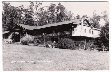 A black and white postcard of Kitchener House in Marysville. The postcard is unused.