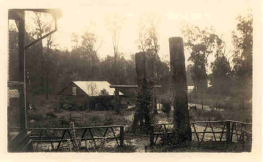 A digital copy of a black and white photograph of the batchelor's quarters log cabin at Mount Kitchener House in Marysville taken in 1930.