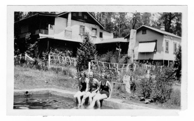 A digital copy of a black and white photograph of the swimming pool at Mount Kitchener House in Marysville.