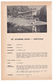 A digital copy of an advertisement for Mount Kitchener House in Marysville that was taken from a Broadbent's accommodation guide.