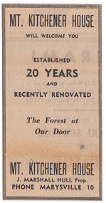 A newspaper advertisement for Mt. Kitchener House in Marysville.