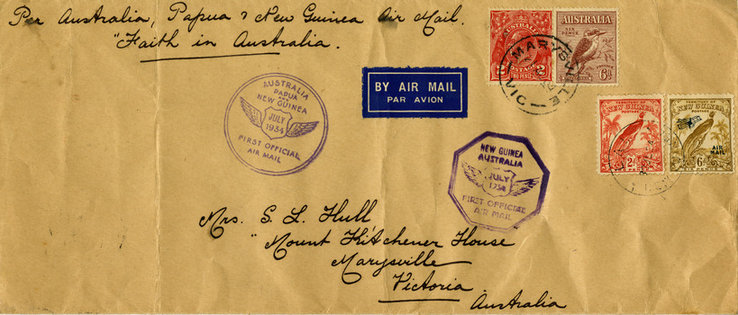 An envelope that was sent to Mrs. S.L. Hull of Mount Kitchener House in Marysville. The envelope was posted to and from Papua New Guinea in July 1934, and arrived in Marysville via the first official air mail from Papua New Guinea.