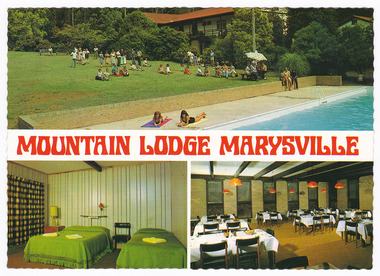 A colour postcard of Mountain Lodge in Marysville that was published by Colorscans (Publishing) Pty. Ltd. as a souvenir of Marysville. On the reverse of the postcard is a space to write a message and an address and to place a postage stamp. The postcard is unused.