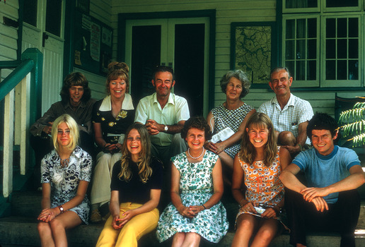 A digital copy of a colour photograph of a group of guests staying at Mountain Lodge in Marysville that was taken in 1971.