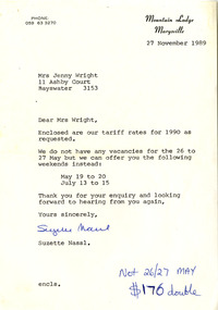 A letter from Mountain Lodge to a Mrs Jenny Wright including tariff rates and dates for accommodation at Mountain Lodge in 1990.