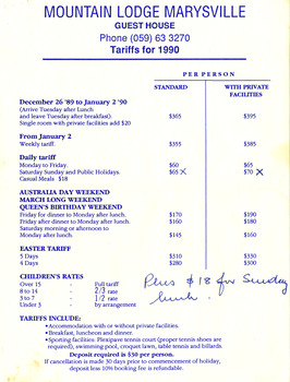 A list of tariffs for accommodation at Mountain Lodge in 1990.