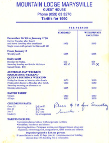 A list of tariffs for accommodation at Mountain Lodge in 1990.