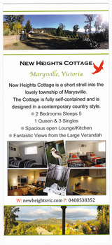 An information flyer regarding accommodation at New Heights Cottage in Marysville.