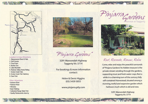 An information brochure regarding the accommodation available at Pinjarra Gardens in Taggerty.