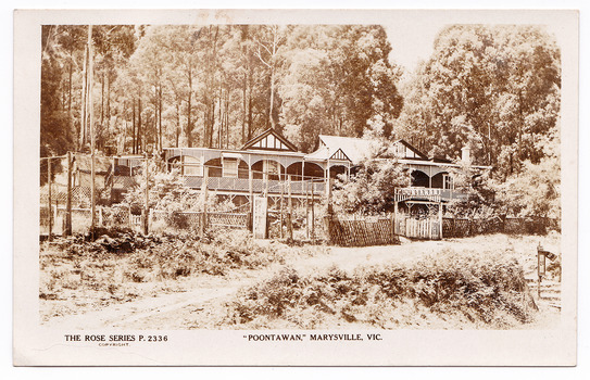 A black and white postcard of the Poontawan guest house in Marysville that was produced by the Rose Stereograph Company as a souvenir of Marysville.