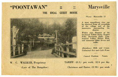 An advertisement for Poontawan guest house in Marysville which was taken from a Broadbent's accommodation guide.