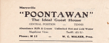 A digital copy of an advertisment for Poontawan guest house in Marysville.