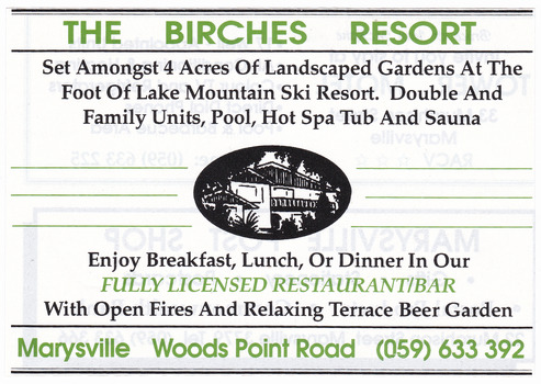 An advertisement for THE BIRCHES RESORT in Marysville.