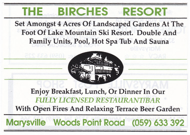 An advertisement for THE BIRCHES RESORT in Marysville.